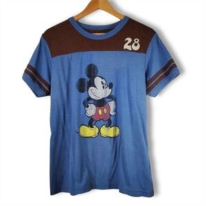 Vintage Walt Disney World Mickey Mouse Ringer Baseball Tee Blue Brown Size XL